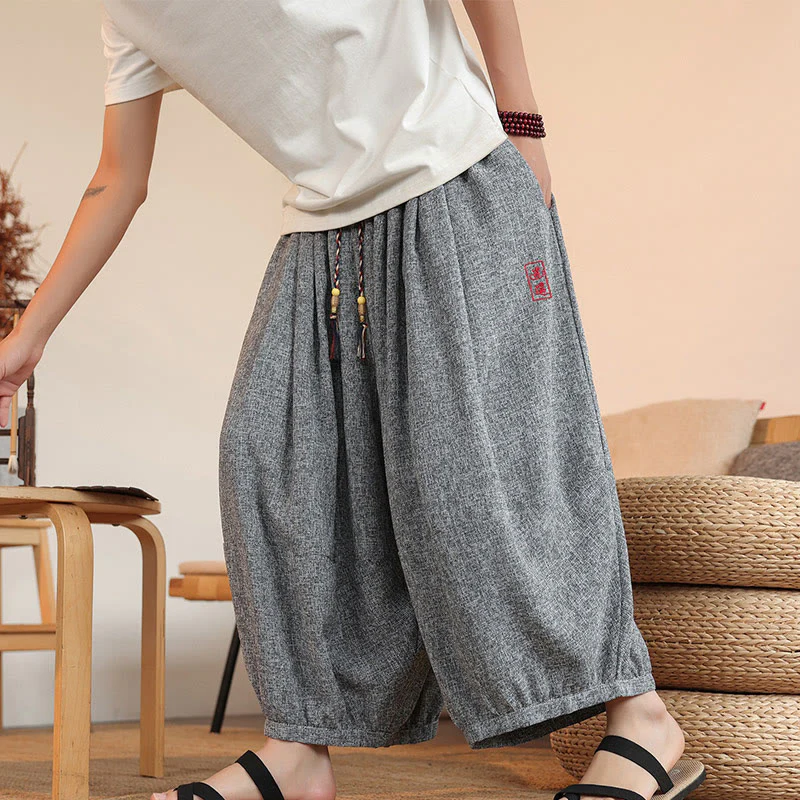 Buddha Stones Summer Characters Embroidery Drawstring Men's Cropped Ankle-Length Harem Pants With Pockets