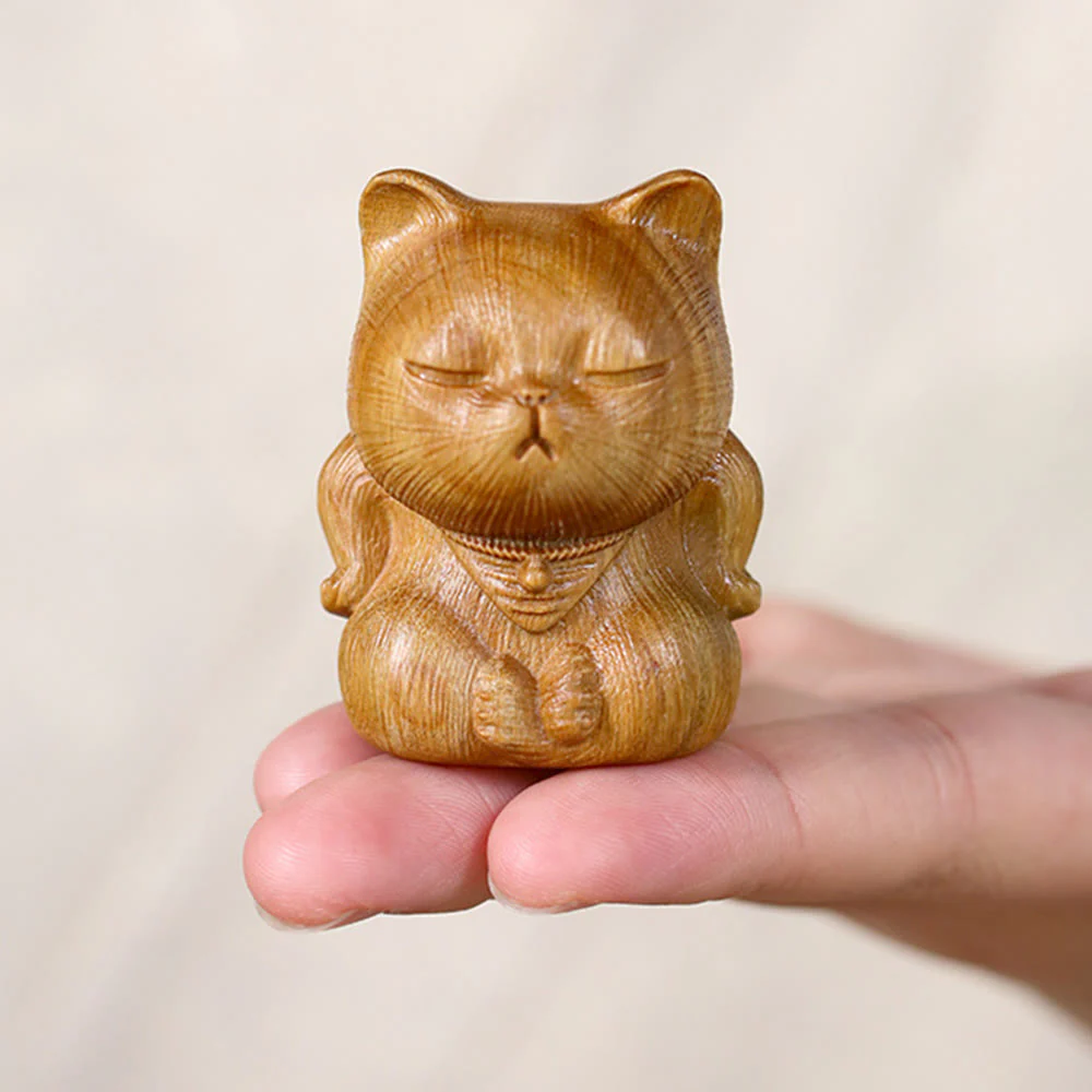Buddha Stones Small Mini Green Sandalwood Lucky Cat Carved Soothing Decorations