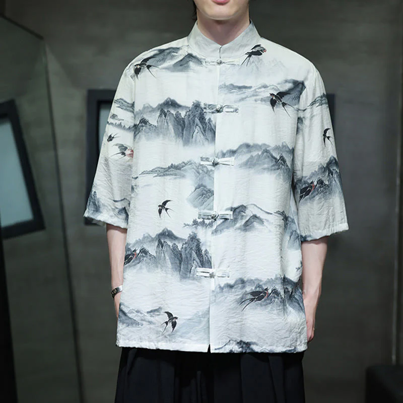 Buddha Stones Ink Painting Mountains Chinese Frog-Button Tang Suit Men's Half Sleeve Cotton Linen Shirt