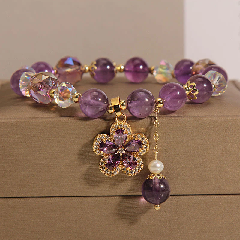 Natural Amethyst Pearl Flower Charm Positive Transformation Bracelet