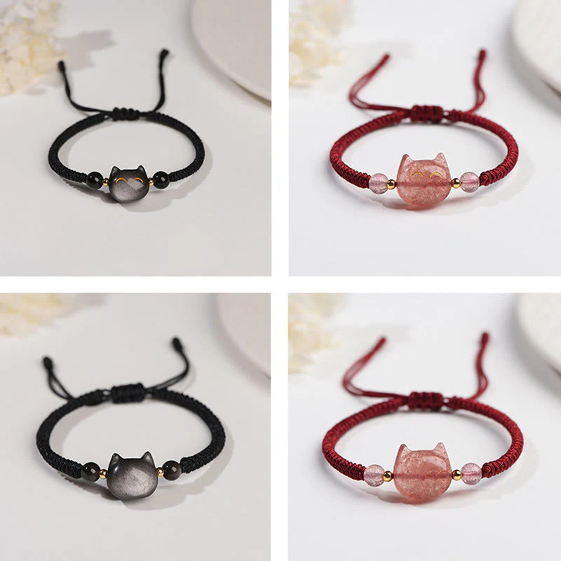 Buddha Stones Handmade Natural Silver Sheen Obsidian Strawberry Quartz Cute Cat Protection Braided Bracelet