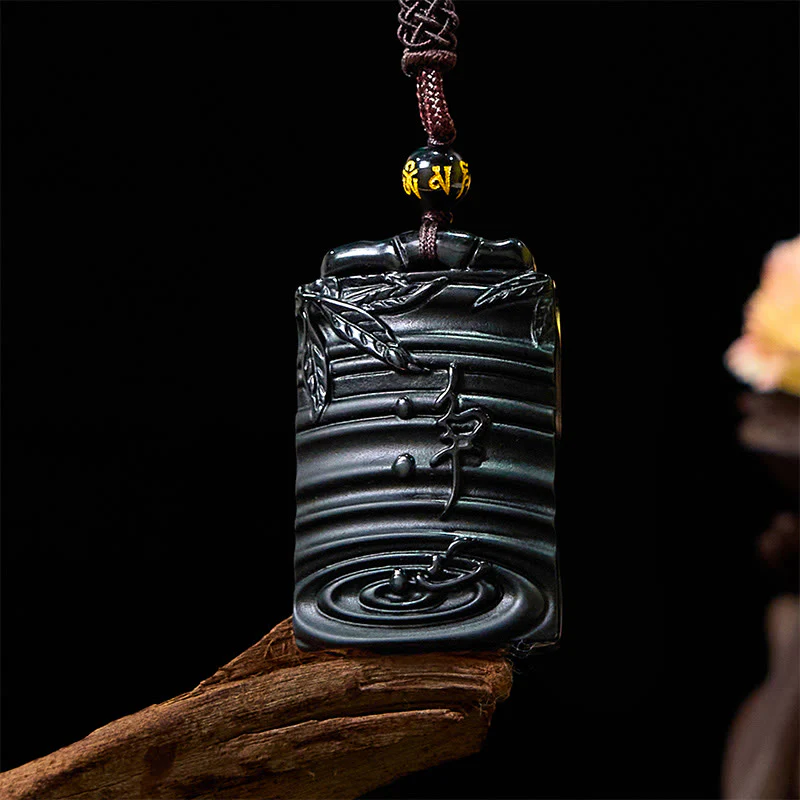 Buddha Stones Natural Black Obsidian Bamboo Fulfillment Necklace Pendant