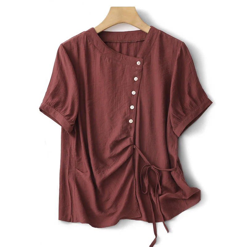 Buddha Stones Casual Plain Asymmetrical Lace-Up Design Puff Short Sleeve Women's Cotton Shirt