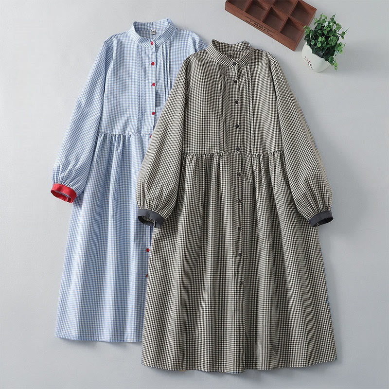 Buddha Stones Casual Plaid Pattern Long Lantern Sleeve Cotton Linen Midi Dress With Pockets