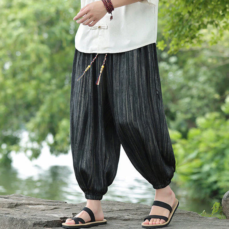 Buddha Stones Summer Black Stripes Drawstring Men's Harem Pants With Pockets
