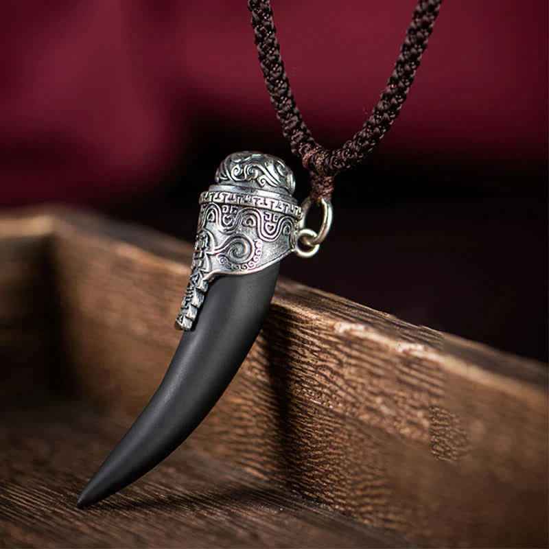 Buddha Stones 925 Sterling Silver Black Obsidian Wolf Tooth Pattern Strength Necklace Pendant