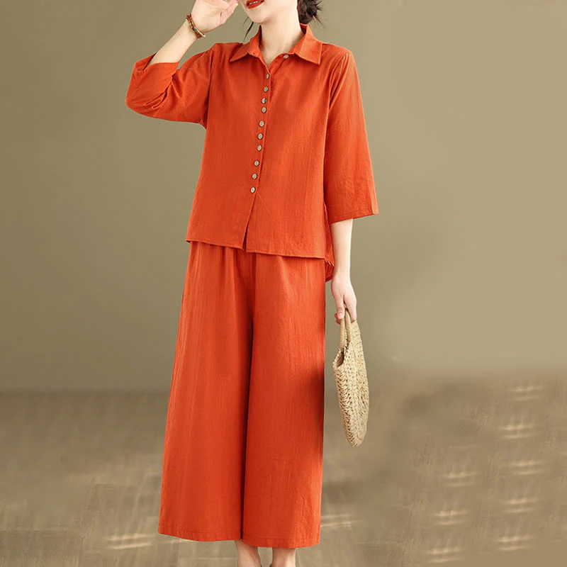 Buddha Stones 2pcs Casual Women's Stand Collar Shirt Loose Pants Meditation Clothing Set