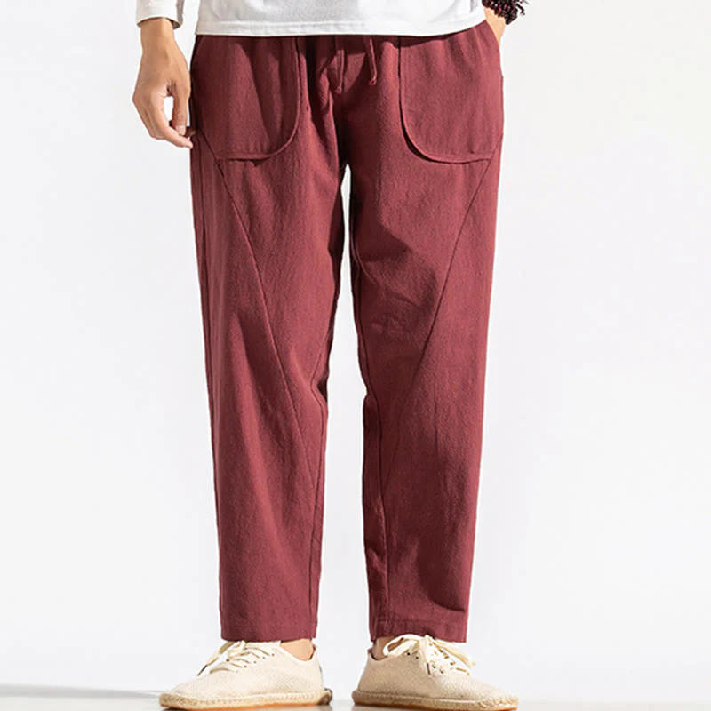 Buddha Stones Retro Casual Drawstring Design Men's Harem Cotton Plain Pants With Pockets