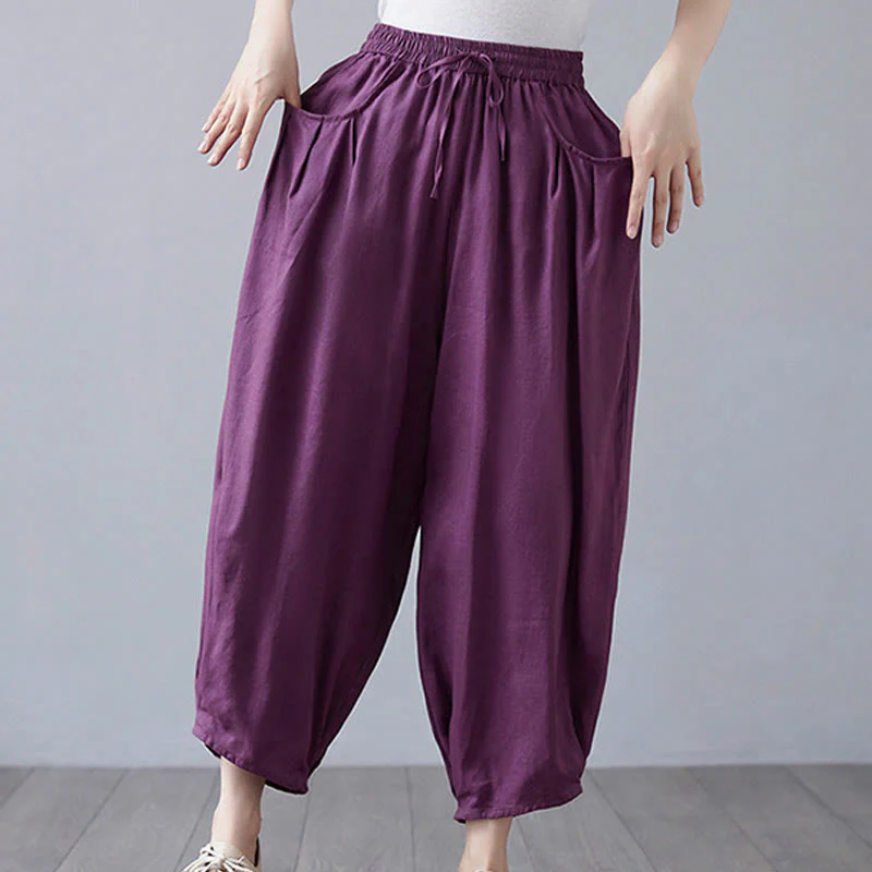 Buddha Stones Summer Plain Cropped Pants Women's Cotton Linen Harem Pants With Pockets