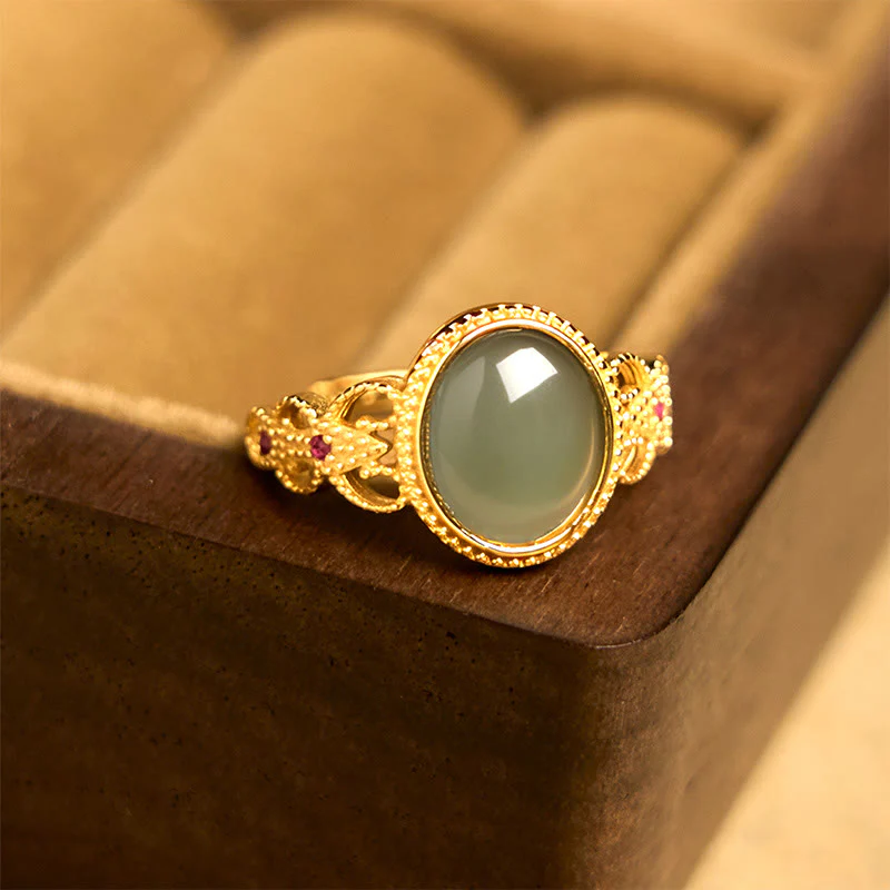 Buddha Stones Natural 925 Sterling Silver Plated Gold Hollow Design Jade Luck Ring