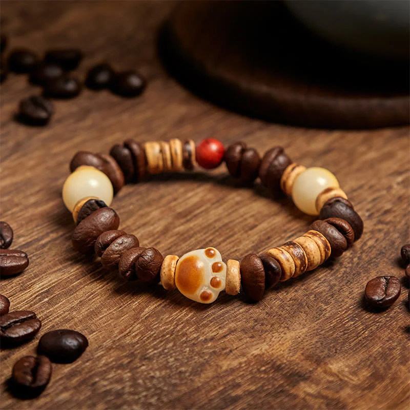 Buddha Stones Handmade Cat's Paw Coffee Beans Bodhi Seed Bracelet