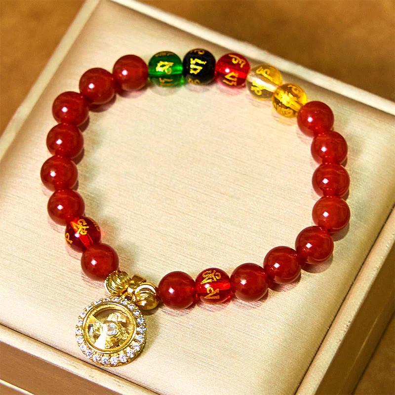 Buddha Stones Red Agate Om Mani Padme Hum Five Directions Gods of Wealth Zircon Cyclone Charm Self-acceptance Bracelet
