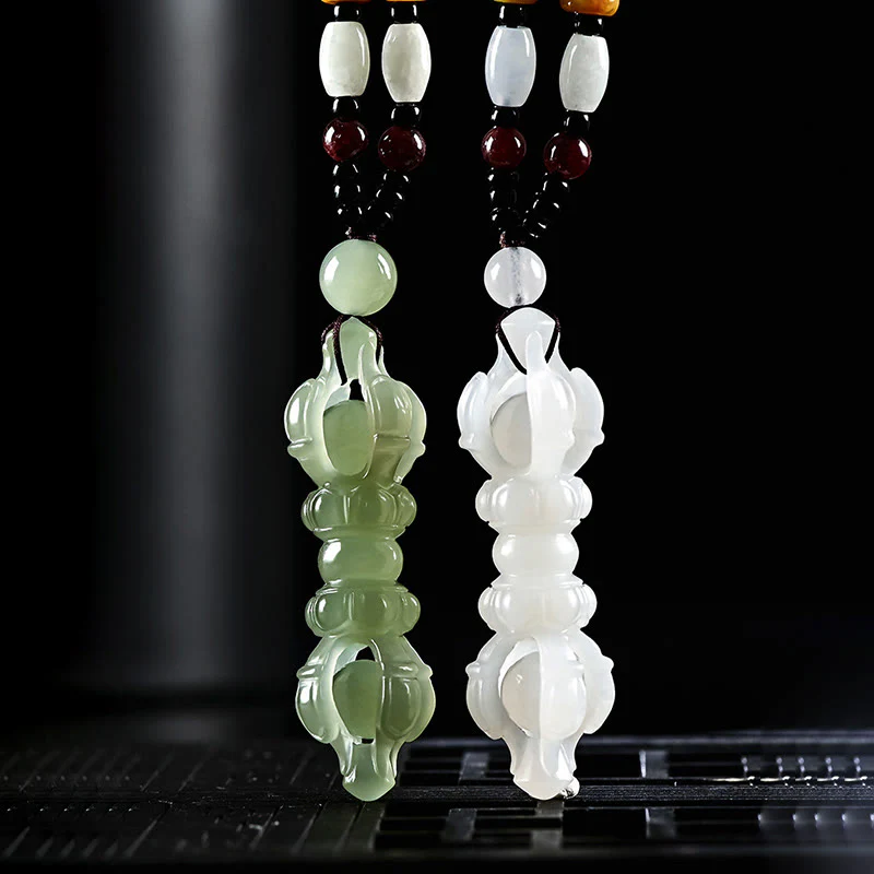 Buddha Stones Tibetan Natural Hetian Cyan Jade White Jade Dorje Vajra Engraved Success Necklace Pendant
