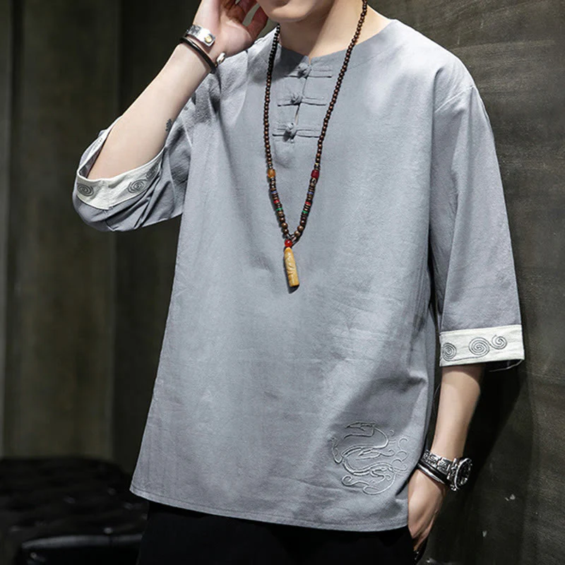 Buddha Stones Summer Embroidery Plain Frog-Button Men's Crew Neck Half Sleeve Cotton Linen Shirt Clothing