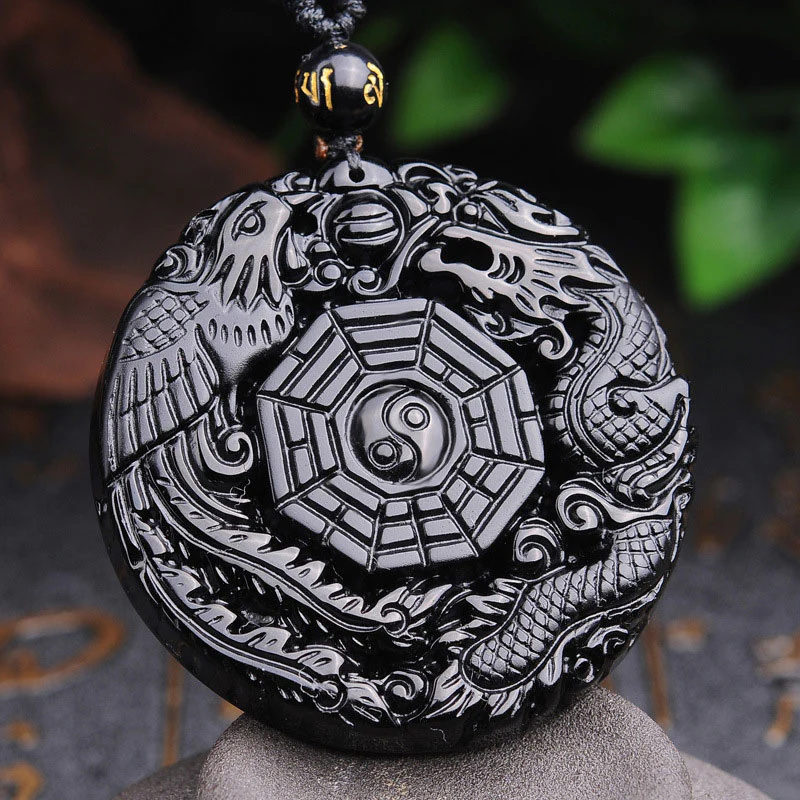 Buddha Stones Bagua Dragon Phoenix Obsidian Fulfilment Pendant Necklace