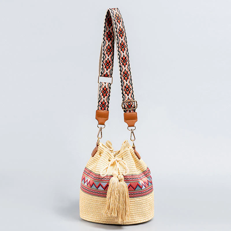 Buddha Stones Beach Geometry Straw Woven Bucket Tassels Crossbody Bag Shoulder Bag