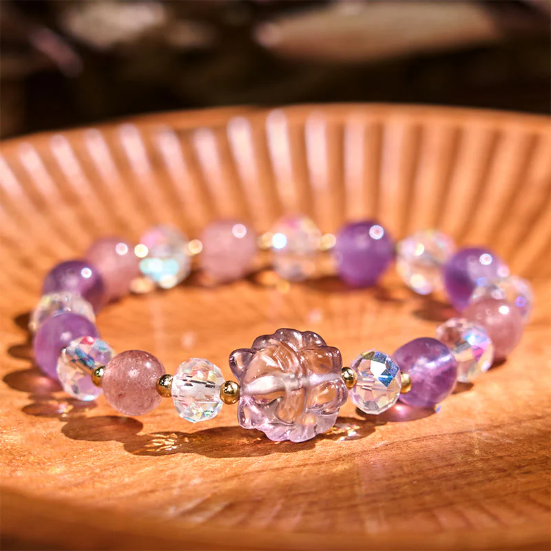 Buddha Stones Amethyst Strawberry Quartz White Crystal Nine Tailed Fox Meditation Bracelet