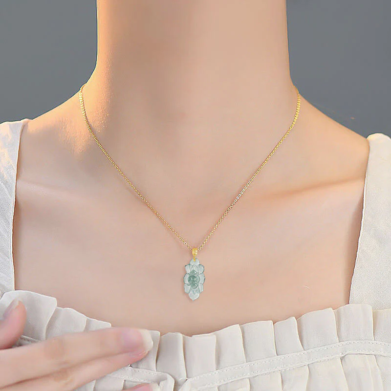 Buddha Stones 18K Gold Natural Jade Lotus Pattern Prosperity Necklace Pendant