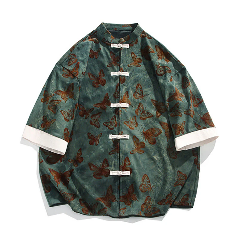 Buddha Stones Jacquard Butterfly Pattern White Frog-Button Design Stand Collar Men's Three Quarter Sleeve Cotton Shirt Cardigan