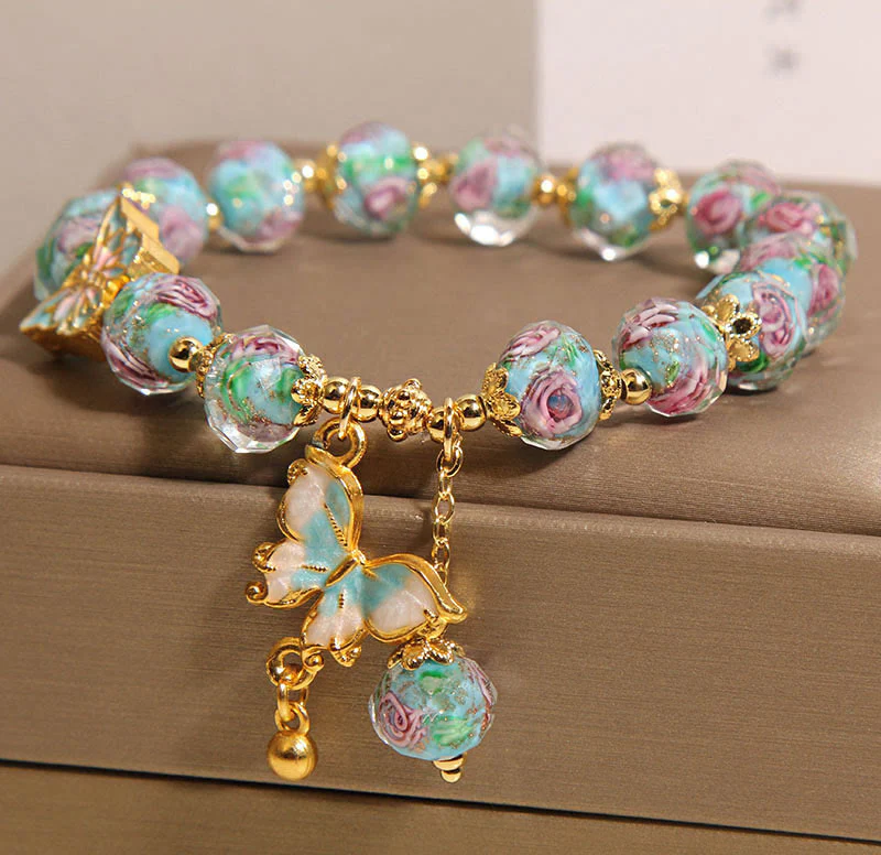 Buddha Stones Butterfly Charm Rose Flower Liuli Bracelet