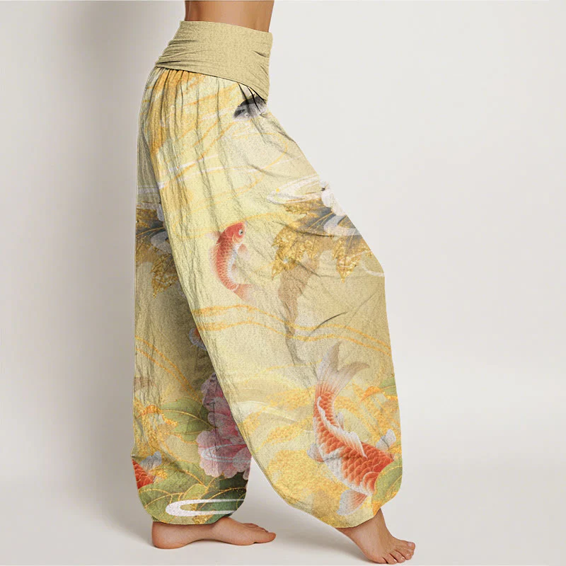 Buddha Stones Casual Peony Koi Fish Golden-Edged Leaves Pattern Women's Elastic Waist Harem Pants