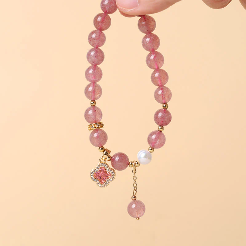 Buddha Stones Strawberry Quartz Pearl Four Leaf Clover Charm Healing Bracelet