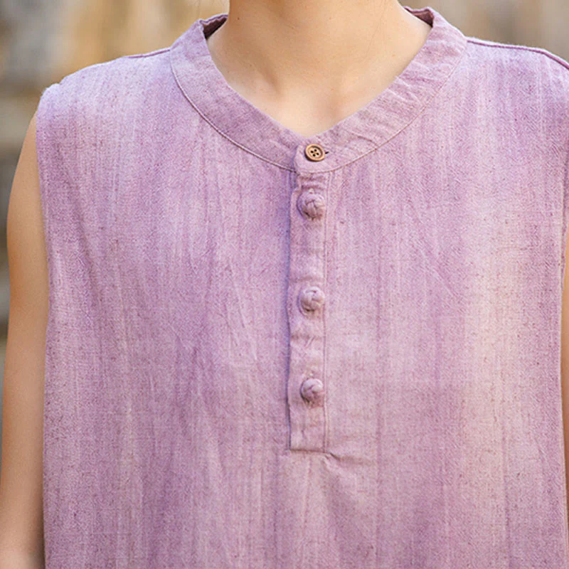 Buddha Stones Summer Tie-dye Buttons Linen Sleeveless Women's Vest