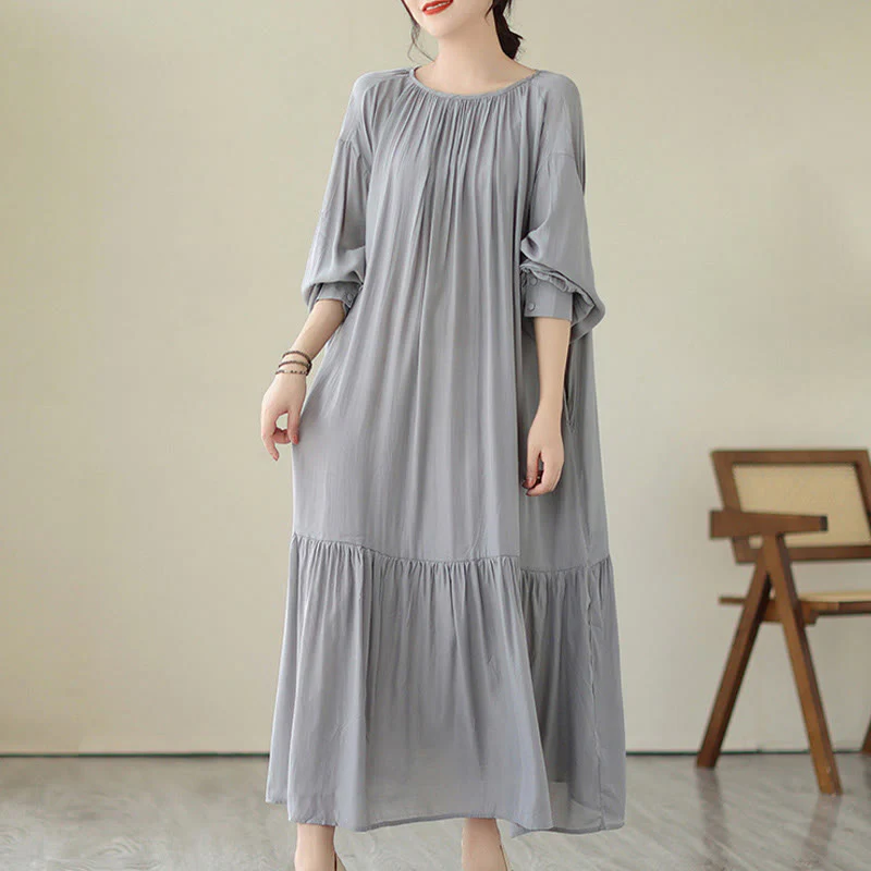 Buddha Stones Casual Plain Two-sided Style Dress Chiffon Midi Dress With Pockets