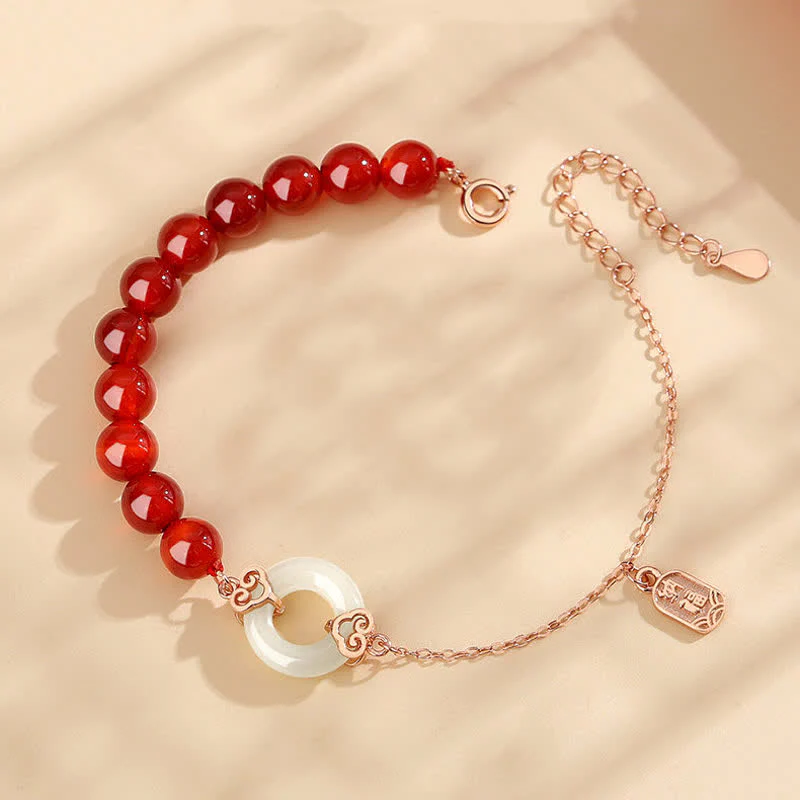 Buddha Stones 925 Sterling Silver Natural Red Agate White Jade Peace Buckle Confidence Bracelet