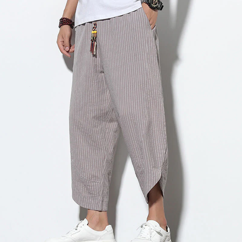 Buddha Stones Summer Stripes Pattern Drawstring Cotton Linen Men's 7-8 Length Harem Pants With Pockets
