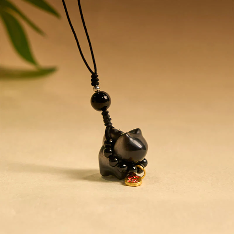 Buddha Stones Silver Sheen Obsidian Black Obsidian Gold Sheen Obsidian Cute Cat Fu Character Protection Key Chain Phone Hanging Decoration