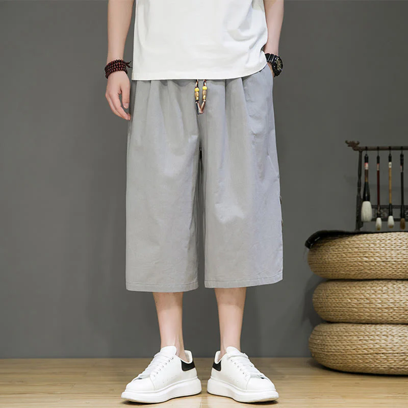 Buddha Stones Casual Plain Side Button Design Drawstring Men's Cotton Cropped Pants With Pockets