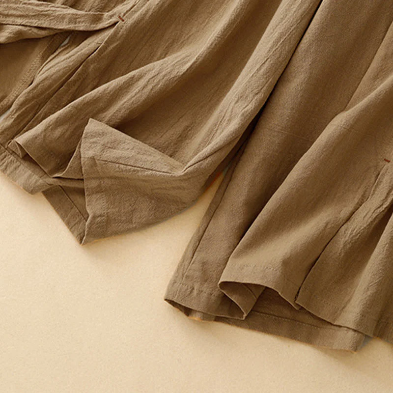 Buddha Stones Casual Simple Design Drawstring Split Cotton Linen Women's Wide Leg Pants With Pockets