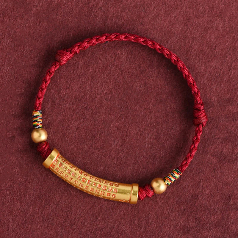 Buddha Stones Handmade Alloy Heart Sutra Protection Strength Rope Bracelet Anklet