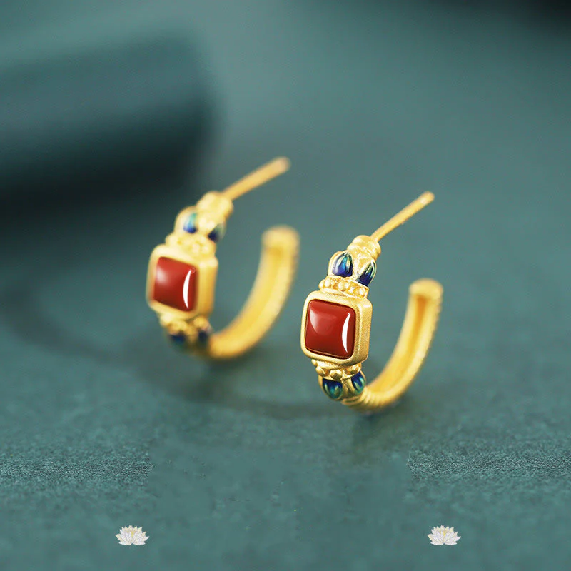 Buddha Stones 925 Sterling Silver Red Agate Lotus Confidence Calm Stud Earrings