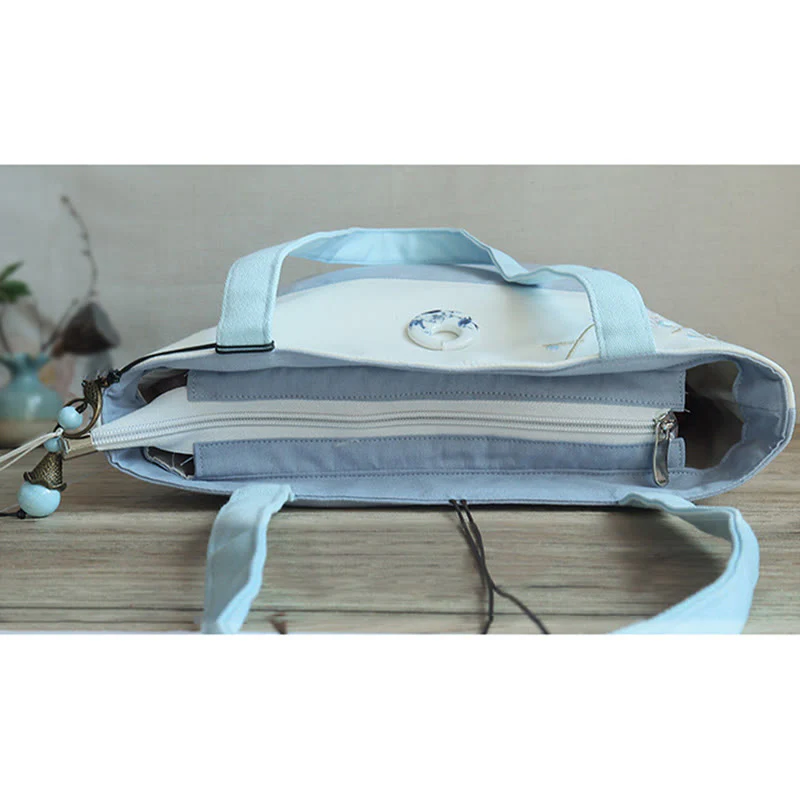 Buddha Stones Pear Flower Plum Peach Blossom Bamboo Embroidery Canvas Large Capacity Shoulder Bag Tote Bag