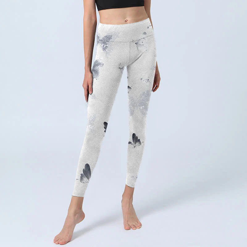 Buddha Stones White Gray Butterfly Print Sports Leggings Women's Yoga Pants