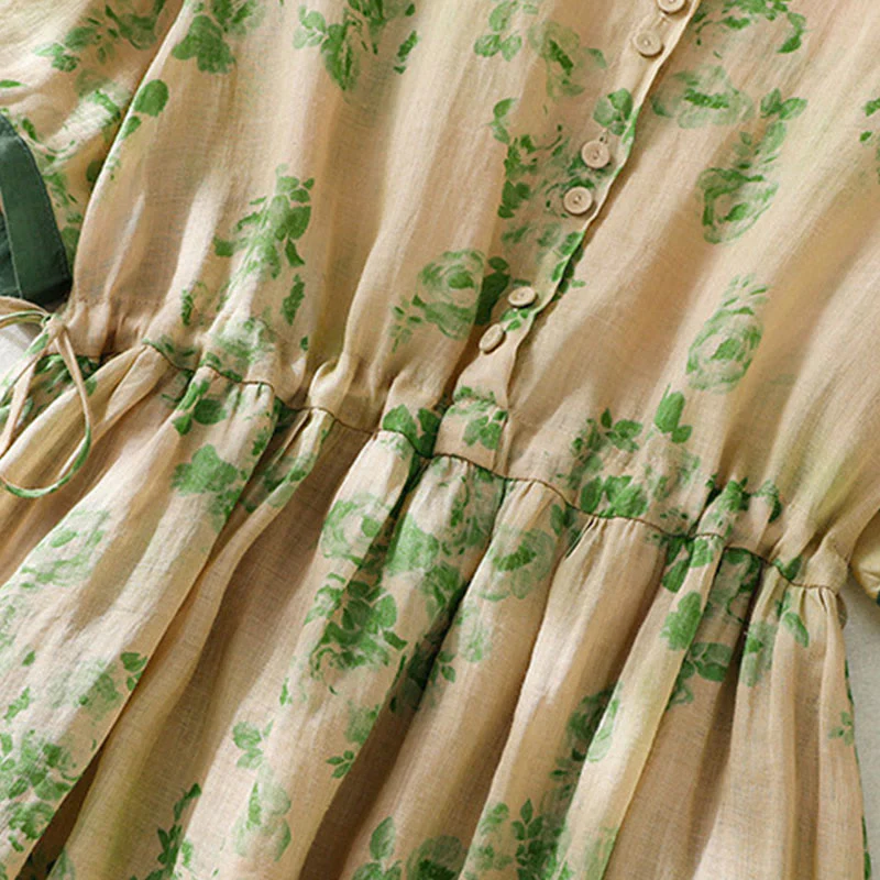 Buddha Stones Retro Printing Buttons Design Drawstring High Waist Cotton Midi Dress With Pockets