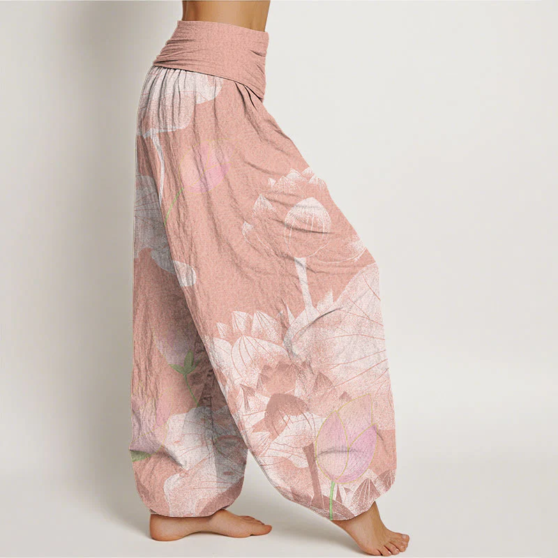 Buddha Stones Pink And White Lotus Women's Elastic Waist Harem Pants