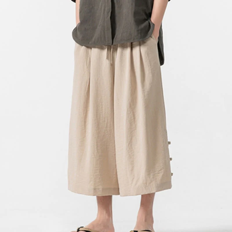 Buddha Stones Casual Loose Frog-Button Plain Men's Cotton 7-8 Length Wide Leg Pants With Pockets