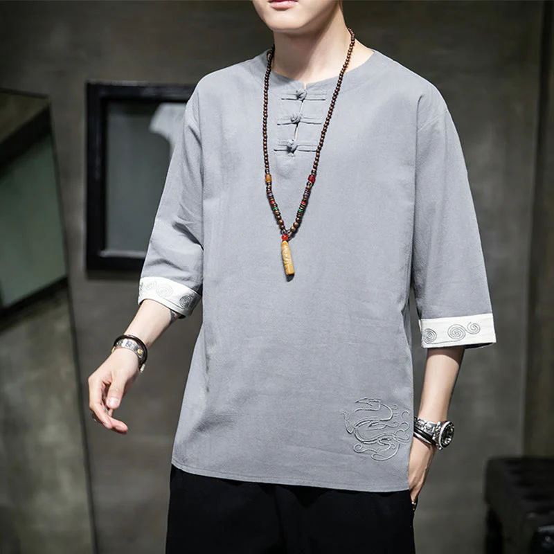 Buddha Stones Summer Embroidery Plain Frog-Button Men's Crew Neck Half Sleeve Cotton Linen Shirt Clothing