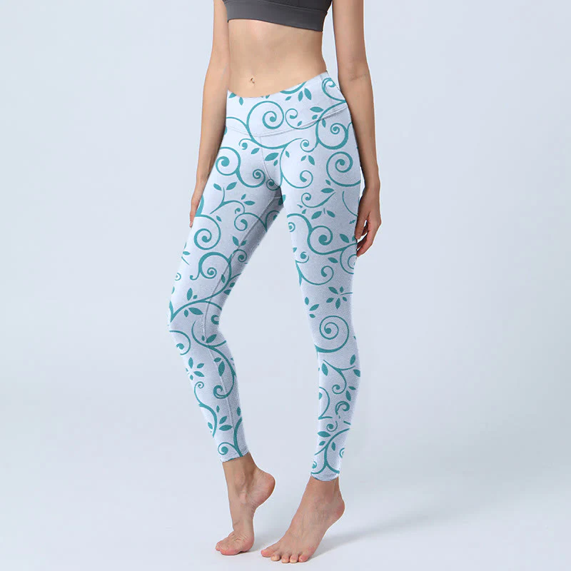 Buddha Stones Blue Vine Leaves Print Gym Leggings Women's Yoga Pants