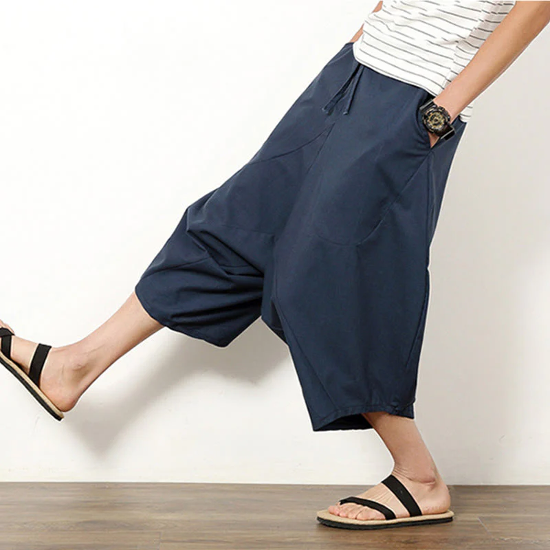 Buddha Stones Spring Plain Simple Patchwork Design Drawstring Cotton Linen Men's 7-8 Length Wide Leg Pants With Pockets