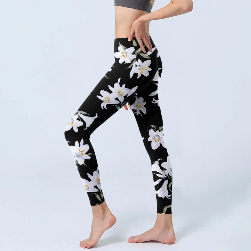 Buddha Stones Black Lily Flower Leaf Pattern Print Gym Leggings Women's Yoga Pants