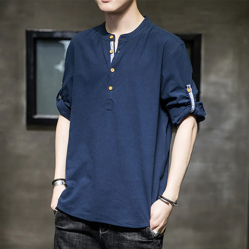 Buddha Stones Summer Solid Men's Half Buttons Half Sleeve Linen Shirt