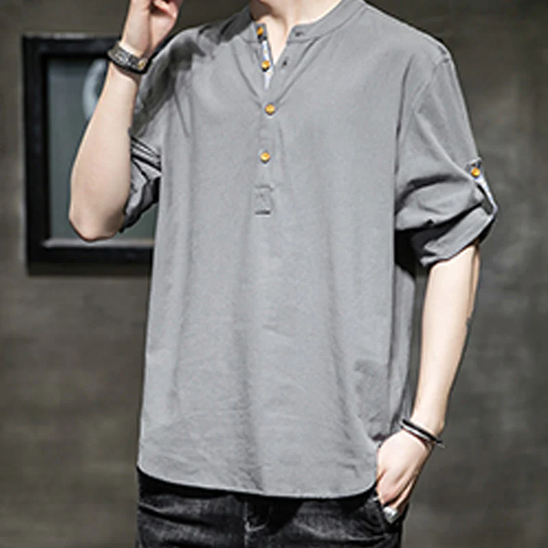 Buddha Stones Summer Solid Men's Half Buttons Half Sleeve Linen Shirt