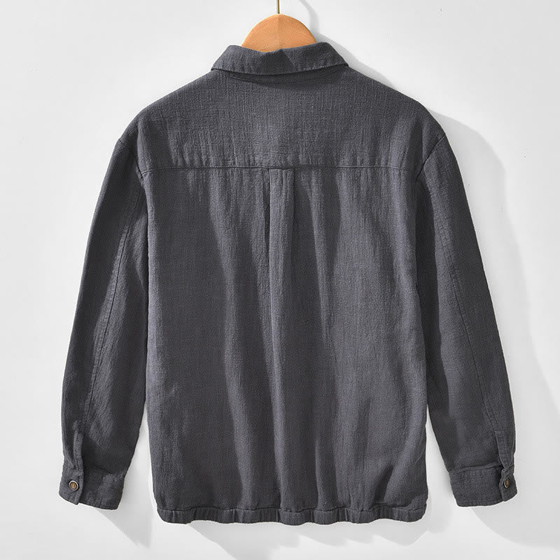 Buddha Stones Casual Plain Simple Buttons Design Men's Long Sleeve Ramie Linen Jacket With Pockets