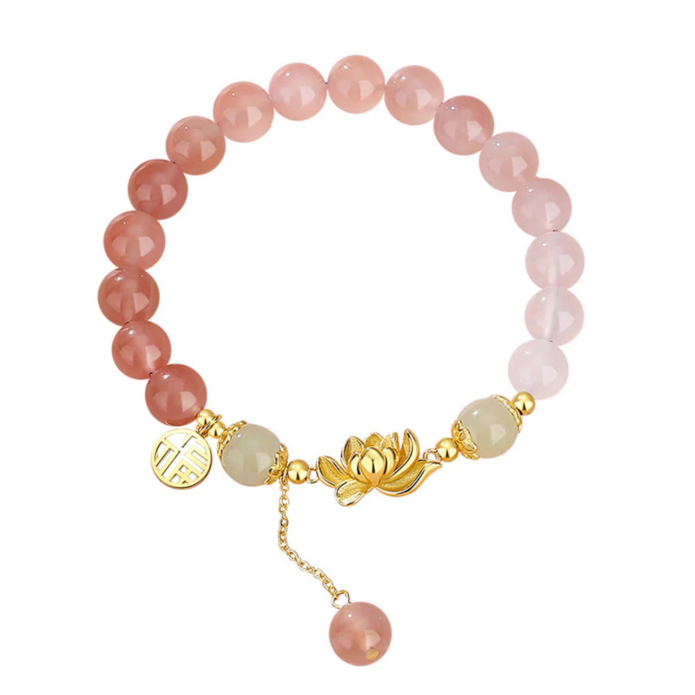 Buddha Stones 925 Sterling Silver Natural Gradient Agate Hetian Jade Lotus Fu Character Enlightenment Bracelet
