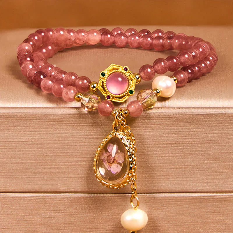 Buddha Stones Natural Strawberry Quartz Pearl Butterfly Water Drop Positive Double Wrap Bracelet