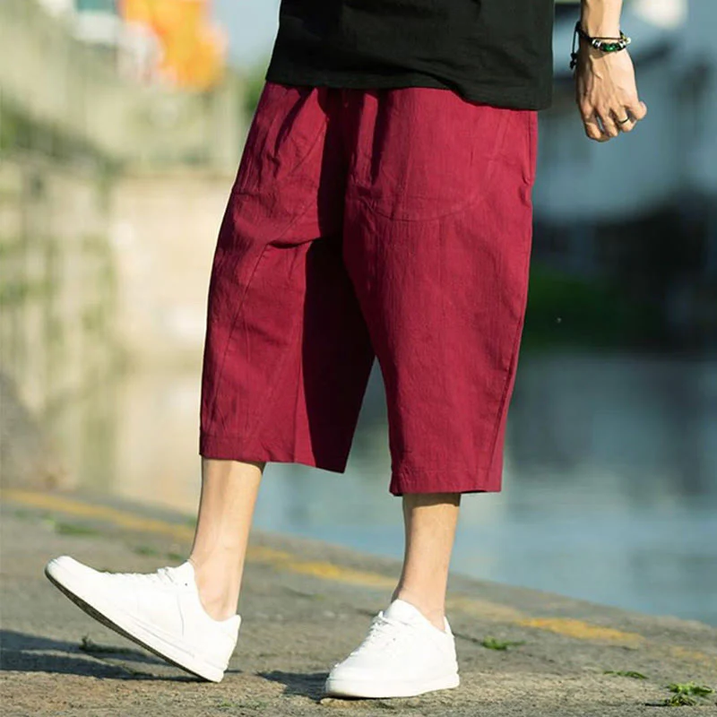 Buddha Stones Summer Plain Pleat Design Drawstring Men's 7-8 Length Cotton Linen Pants With Pockets
